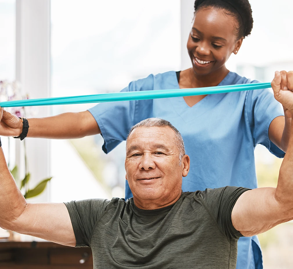 Stretching band and nurse with senior man for physical therapy