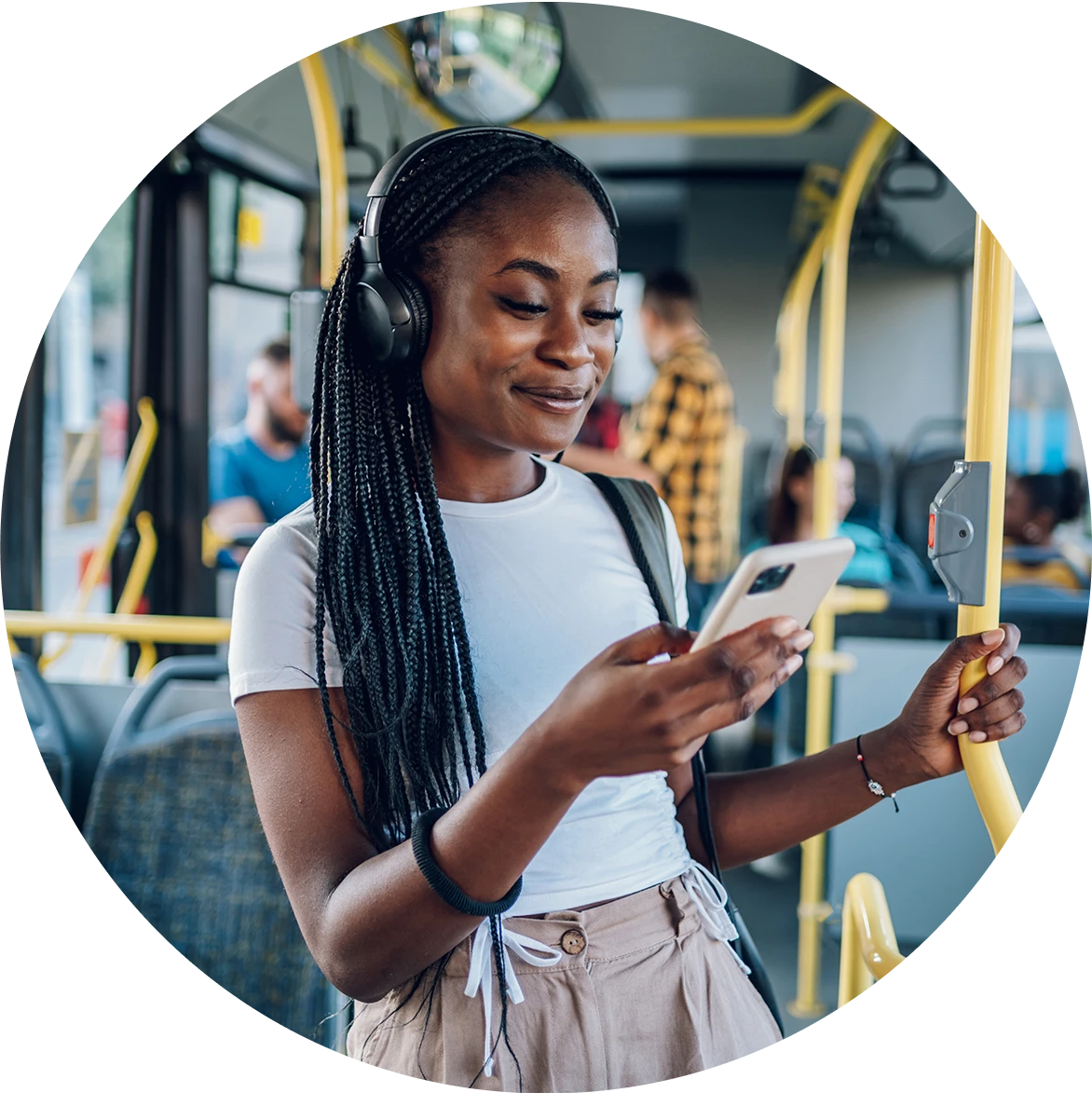 Travel Nurse on train with iPhone